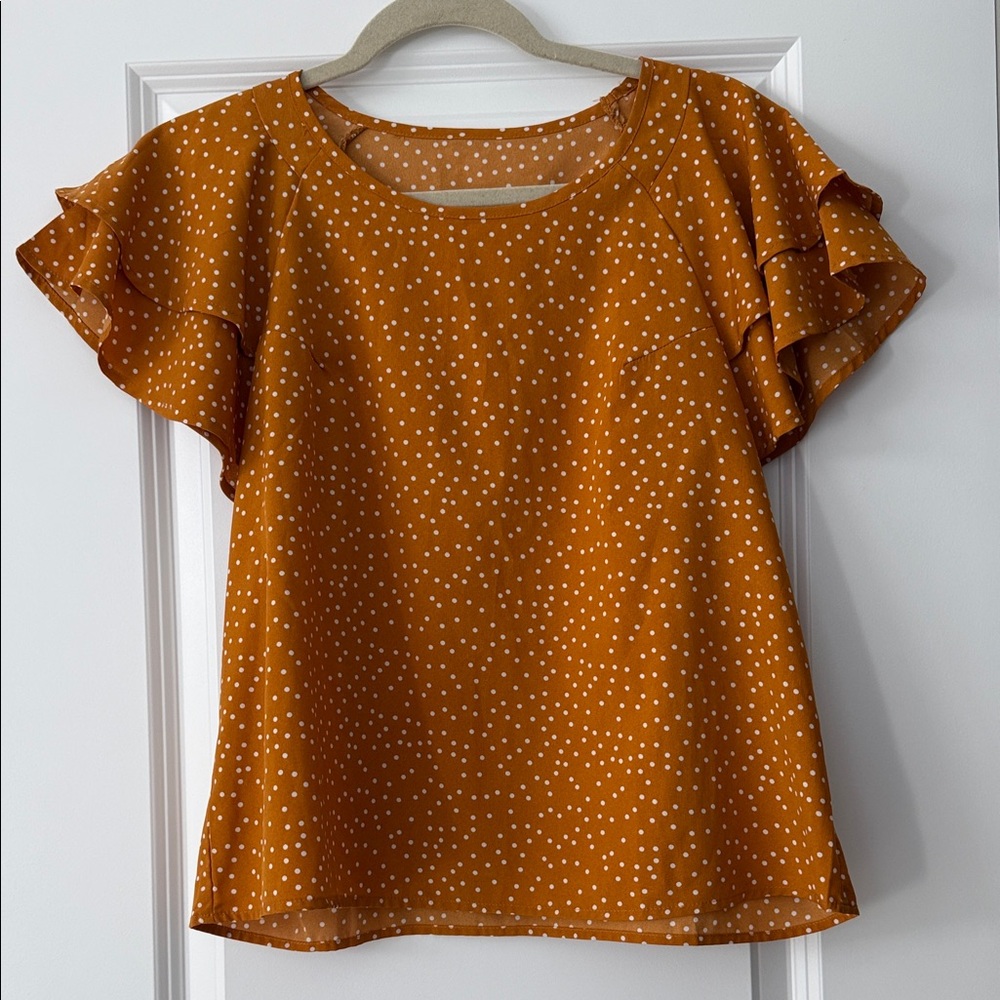 SHEIN Mustard Polka Dot Flutter Sleeve Blouse